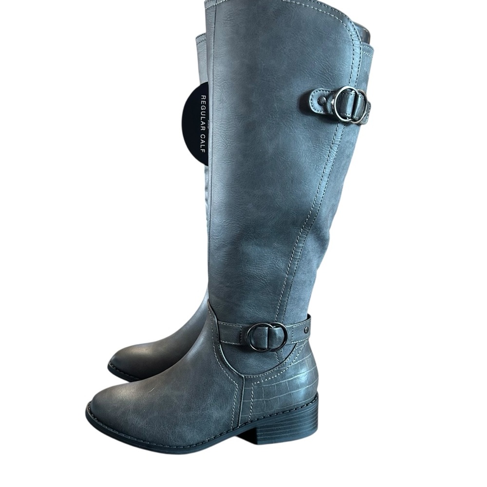 Karen Scott Leandraa Tall Riding Boots Buckled Strap Block Low Heel Grey NEW 5